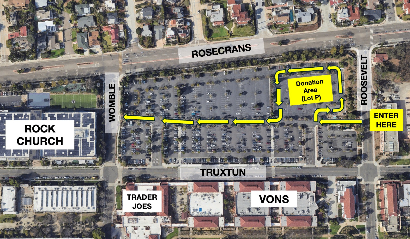 Rock Church Point Loma Liberty Station Donation Drop-off Map: Find the designated parking lot across from Vons for donating supplies to LA fire relief at The Rock Church Point Loma campus.