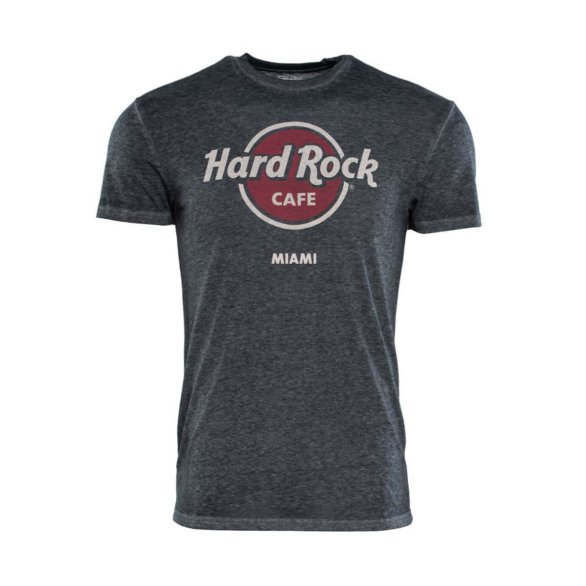 Man wearing a Hard Rock Miami burnout logo tee
