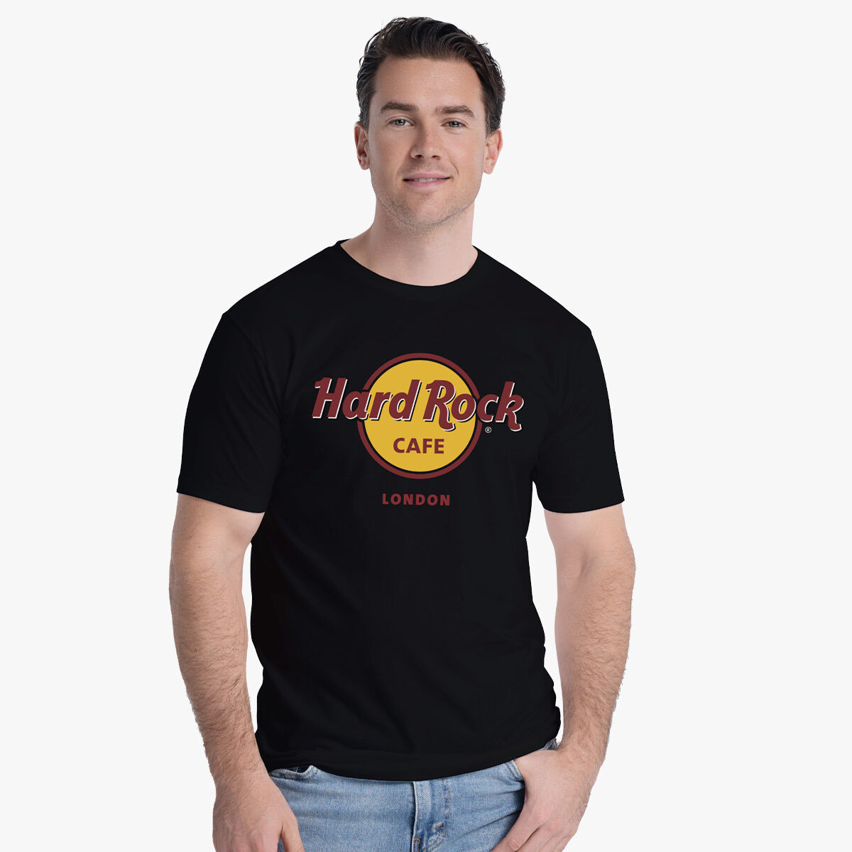 A man wearing a black Hard Rock Cafe t-shirt.