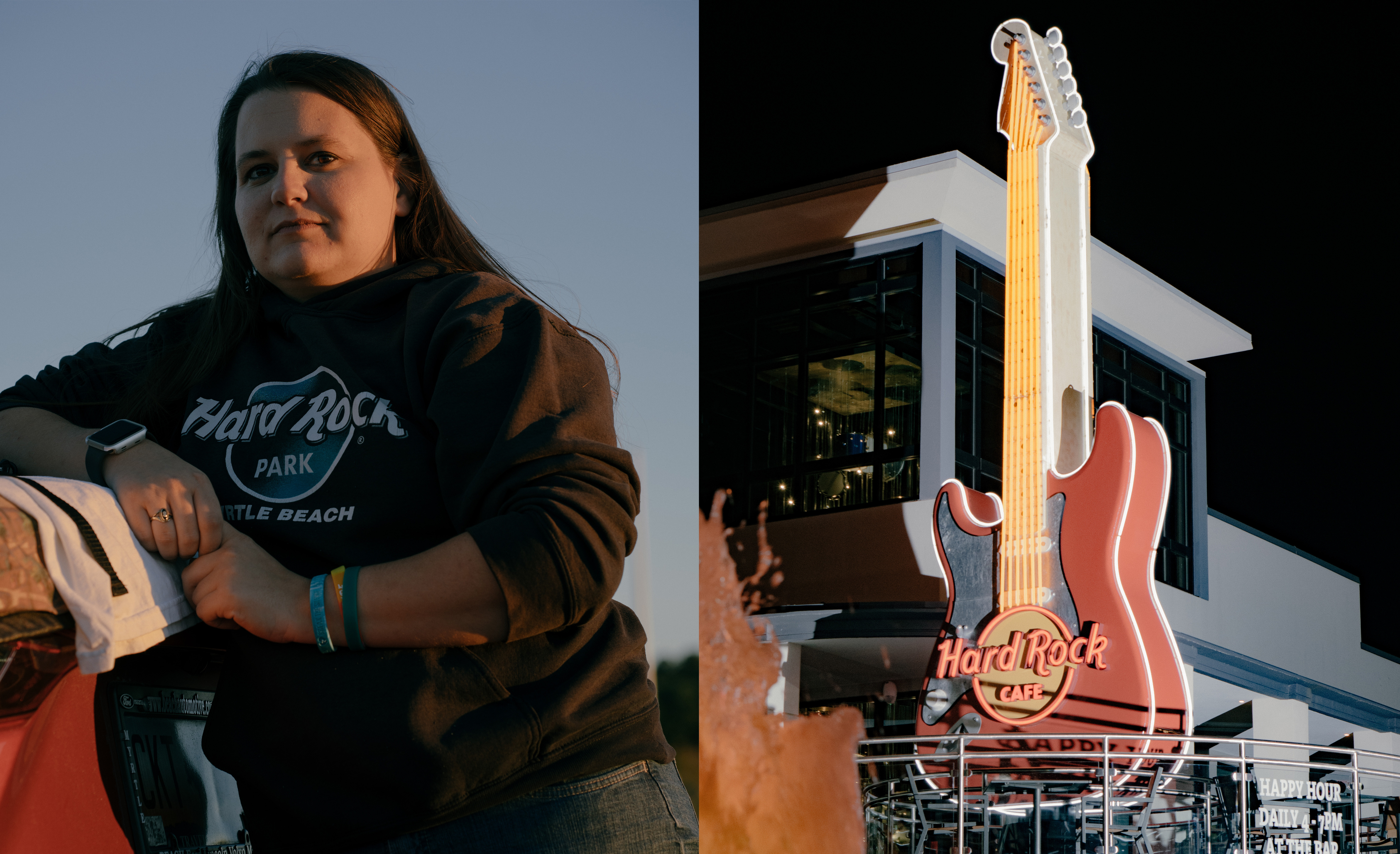 Shana Bury Standing in Front of the Abandoned Hard Rock Park Grounds, Juxtaposed with a Hard Rock Cafe Sign