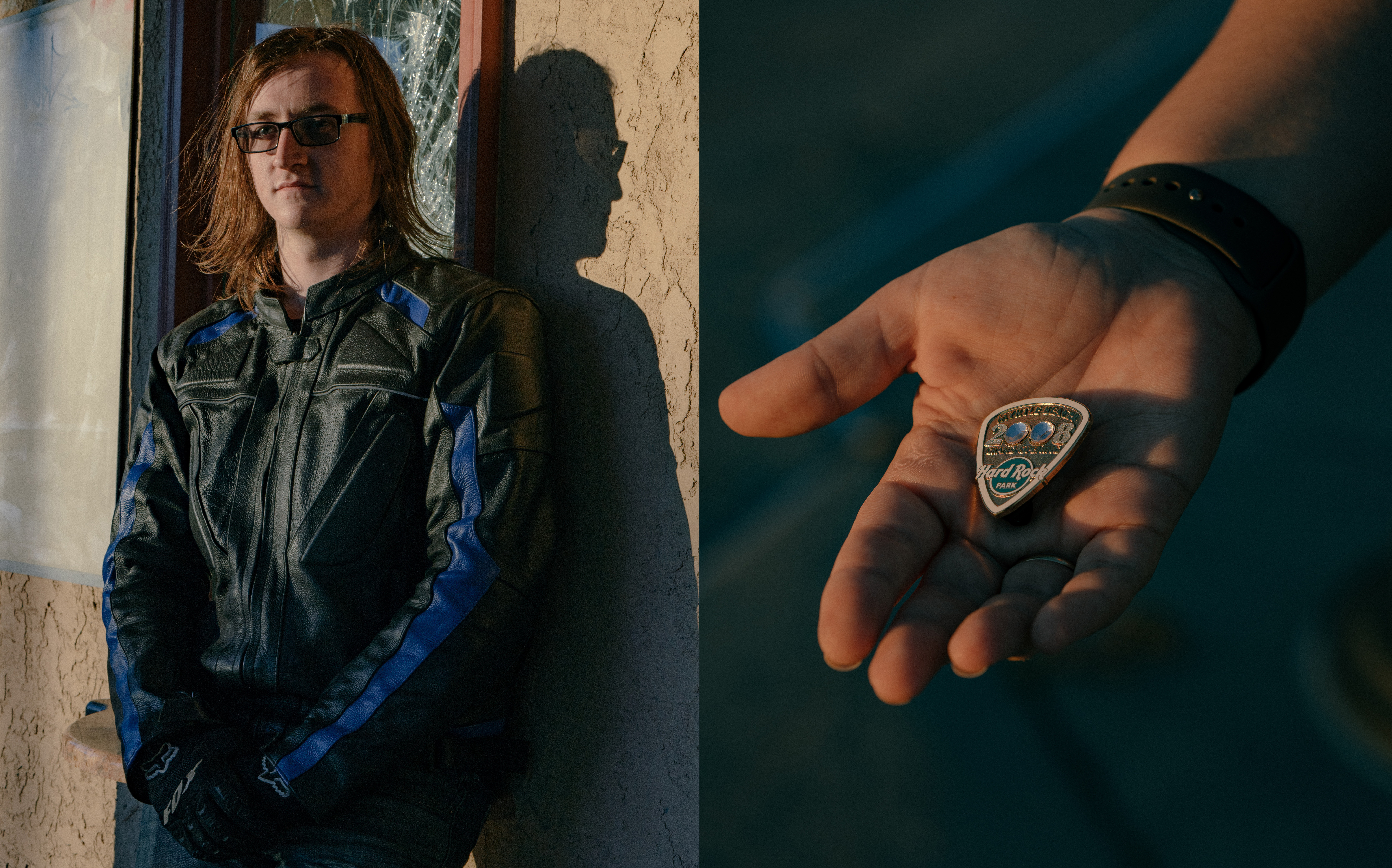 Brendan, a Biker at Hard Rock Park, Next to a Hard Rock Guitar Pick, Symbolizing the Park's Rock Theme