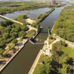 Aerial photo of Brandon Road Lock & Dam in Joliet, Illinois.