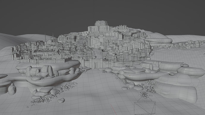 Wireframe view from the Blender viewport showing the scene's topology and density