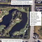 A map showing where Trump was playing golf and where the gunman was hiding on the following hole, with an arrow showing how Trump