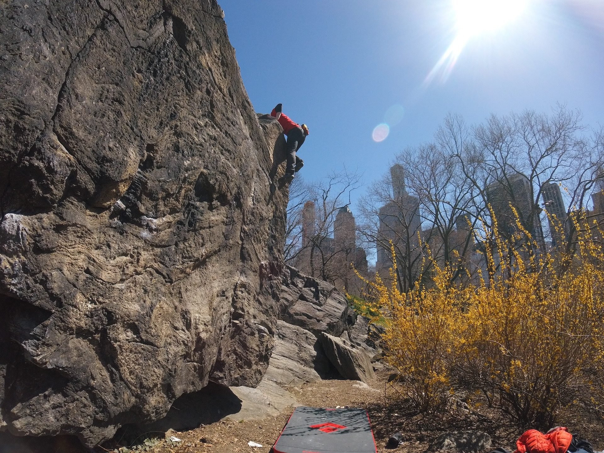 A climber on Rat Rock in Central Park, a popular spot for outdoor rock climbing in Manhattan.