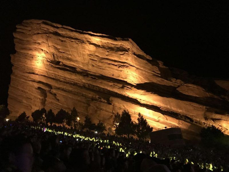 Scenes from the 2019 Colorado 9/11 Memorial Stair Climb at Red Rocks Park Amphitheatre, showing participants climbing the amphitheater steps in remembrance.