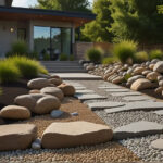 River rocks used to create a natural path in a garden, with lush green plants on either side, showcasing texture and charm.