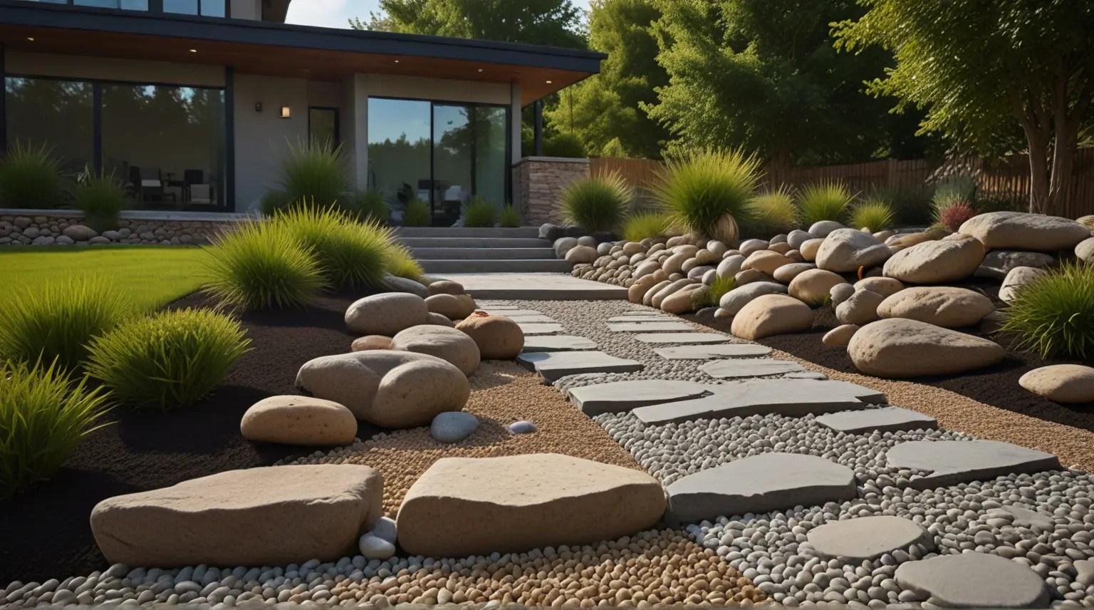 River rocks used to create a natural path in a garden, with lush green plants on either side, showcasing texture and charm.