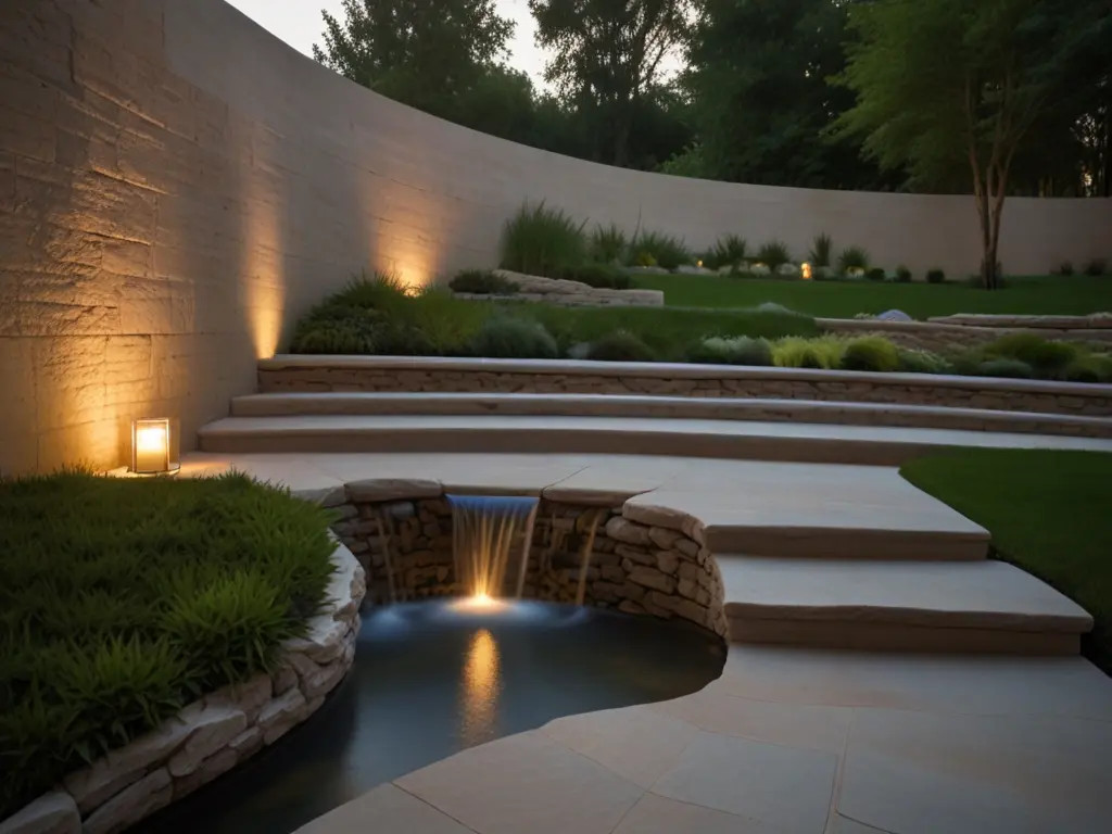 Rock fountain with cascading water in a garden, creating a soothing sound and a natural water feature.