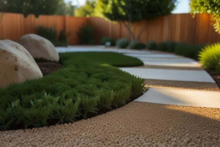 Decomposed granite pathway in a garden, showing its fine texture and natural golden-brown hue, ideal for pathways and garden beds.