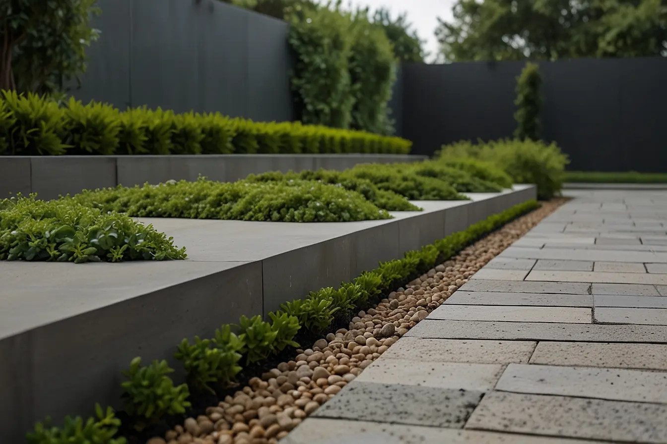 Close-up of pea gravel used as ground cover in a garden, highlighting its small, round shape and neutral beige color, ideal for walkways and decoration.