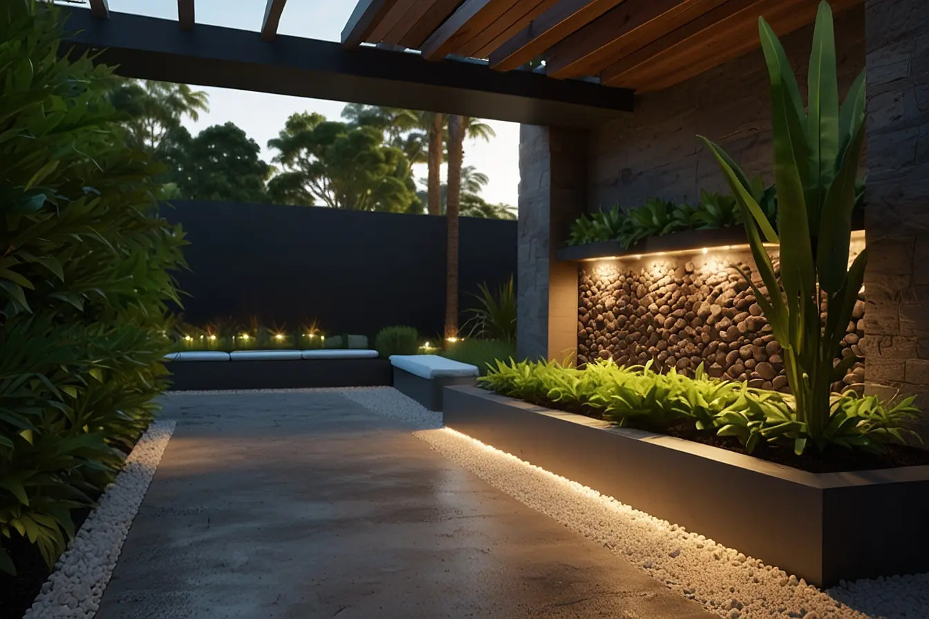 Reddish-brown lava rocks used in a garden bed, showcasing their porous texture and angular shapes, beneficial for drainage and erosion control.