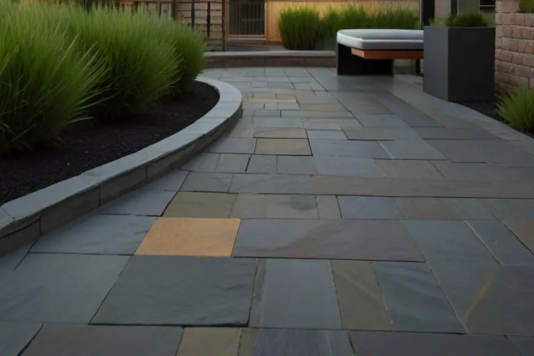 Slate rocks forming a natural retaining wall in a garden, showcasing their layered texture and dark gray color, adding sophistication and durability.