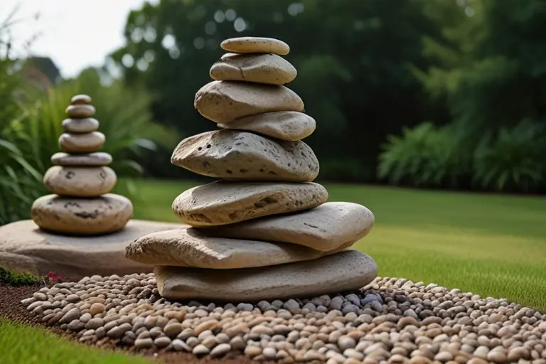 Rock cairns of varying sizes and shapes in a garden, creating vertical interest and acting as traditional markers or focal points.