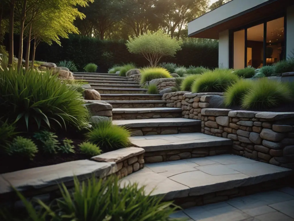 Rock stairway built into a sloped garden, providing a natural and functional pathway with varied rock sizes.