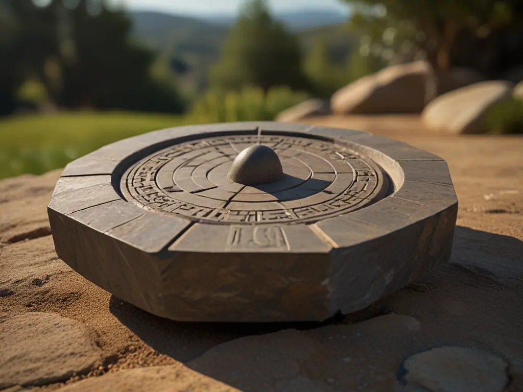 Rock sundial in a sunny garden spot, combining functionality with decorative appeal as a time-telling feature.