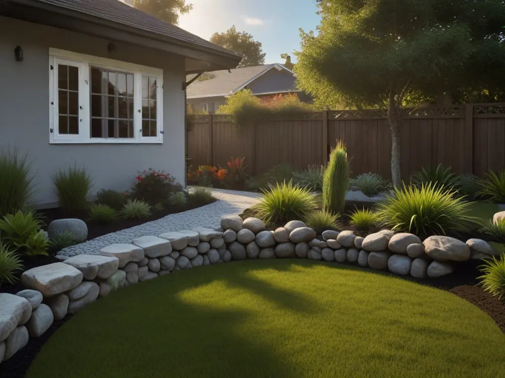 Rock ledge built into a hillside garden, creating terraced levels and adding depth to the landscape.