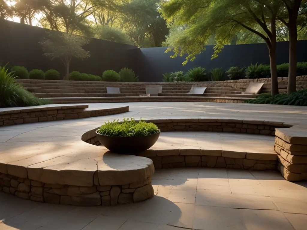 Rock amphitheater with natural stone seating tiers in a garden, creating an outdoor gathering space.