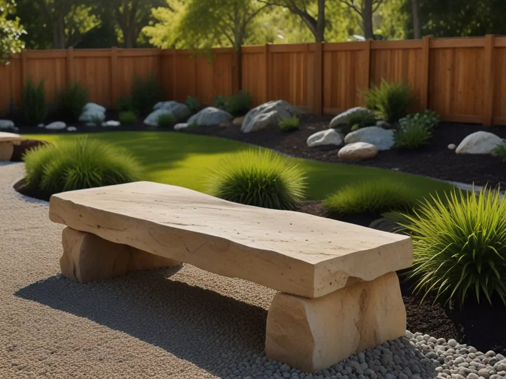 Rock bench made of flat stones in a garden, offering natural seating and blending with the landscape.