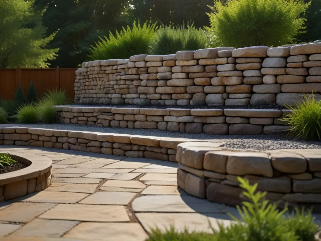 Rock wall art featuring a pattern of various rocks on a garden wall, adding texture and visual interest.