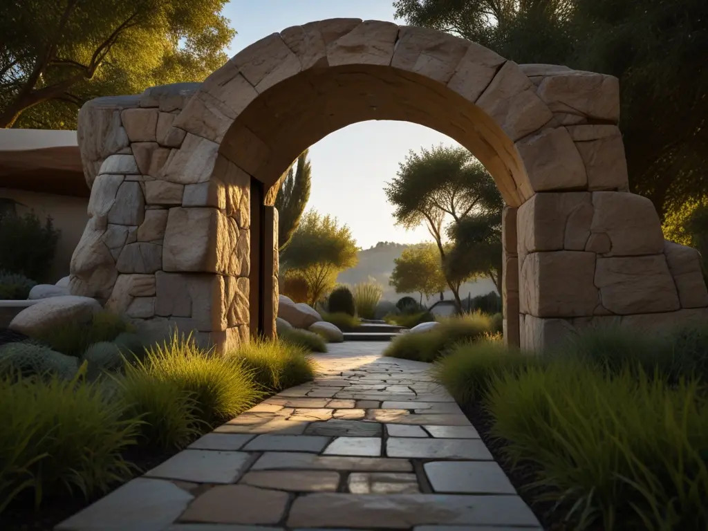 Rock tunnel in a garden, creating a sense of mystery and adventure as a pathway feature.