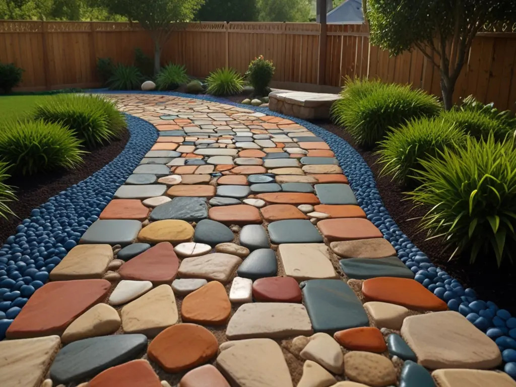 Rock mosaic pathway with colorful and shaped rocks creating artistic patterns in the landscape.