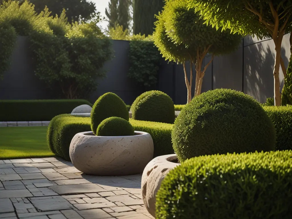 Rock topiary shaped into geometric forms in a garden, adding a whimsical and artistic touch to the landscape.