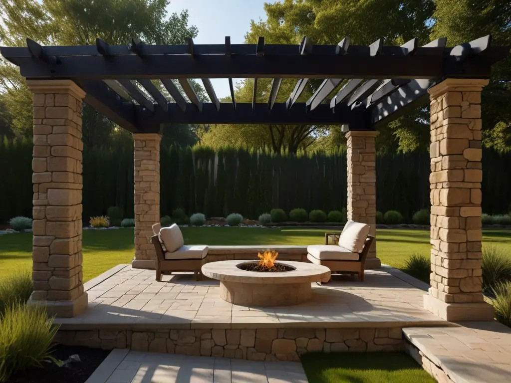 Rock pergola with stone pillars and a wooden lattice roof, providing shade and a rustic architectural feature in a garden.