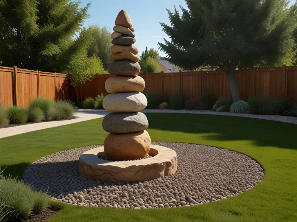 Rock obelisk as a vertical accent in a garden, adding height and a sculptural element to the landscape.