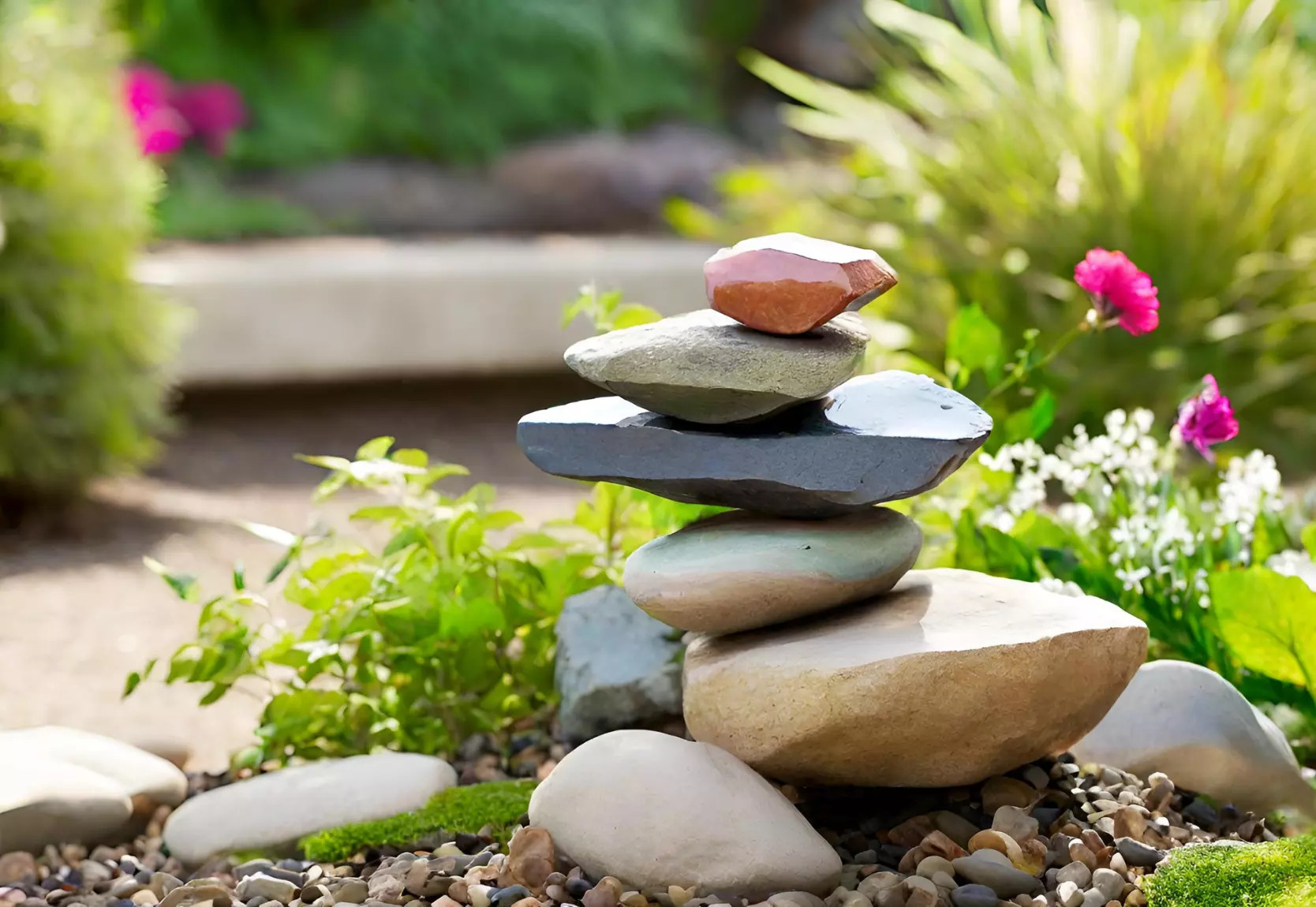 Rock balancing art with stacked stones in a garden, showcasing creativity and a connection with nature.