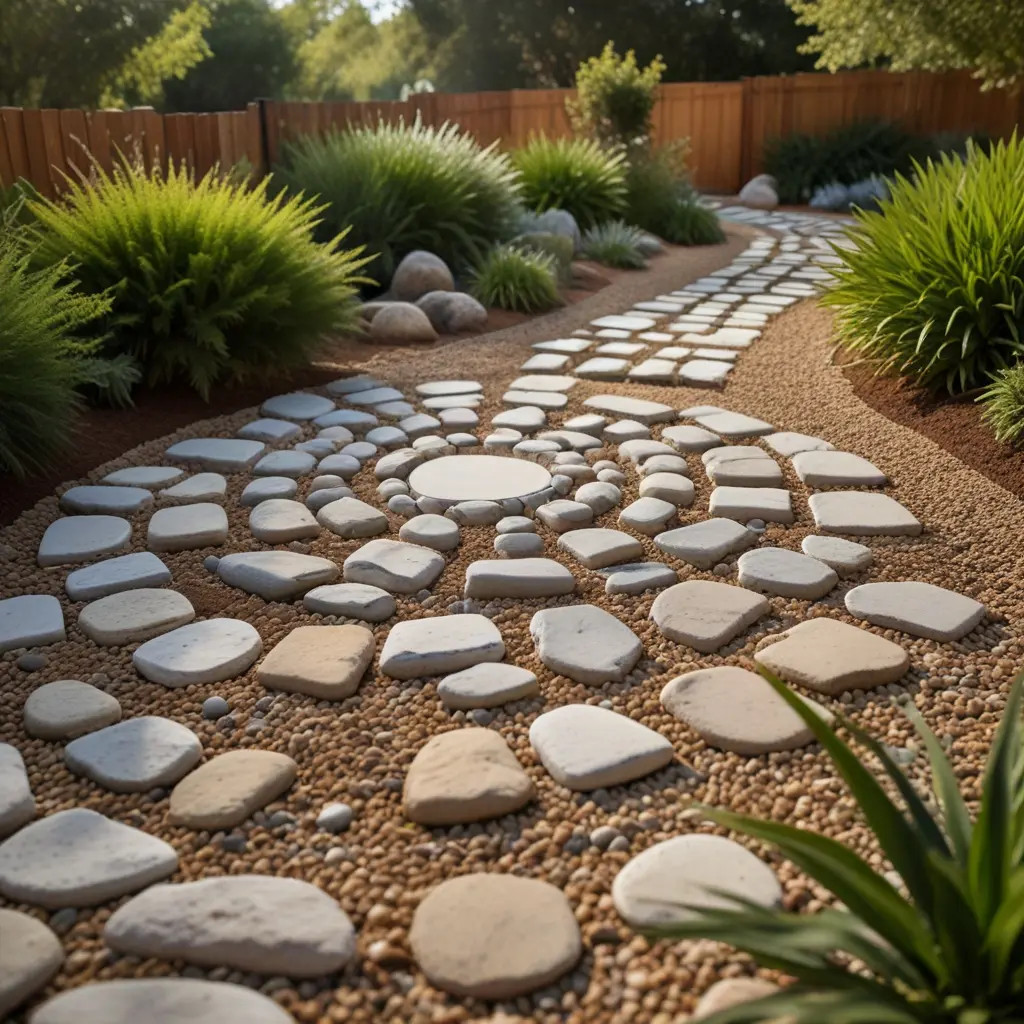 Rock labyrinth in a garden, featuring a winding path made of stones for meditation and peaceful walks.