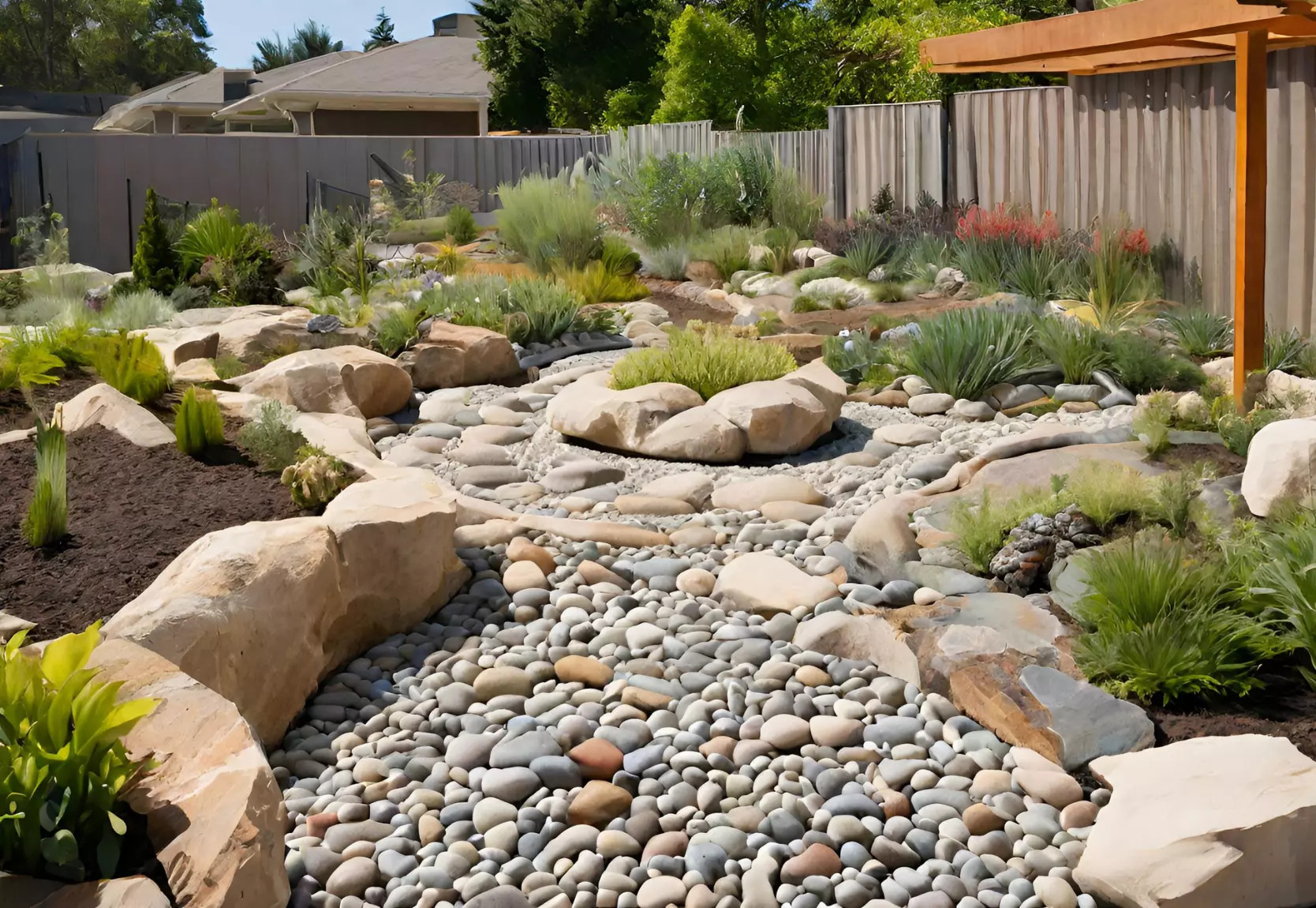 Rock garden beds with various succulents and rocks, showcasing a low-maintenance and drought-tolerant garden style.