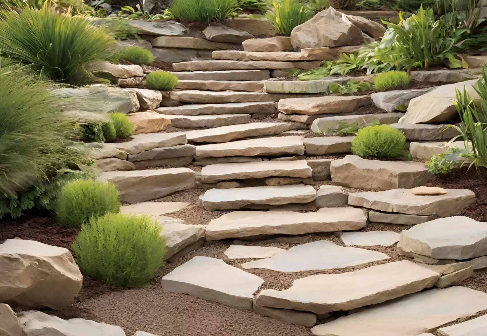 Rock steps leading up a garden slope, showcasing a natural and elegant pathway through varied terrain.