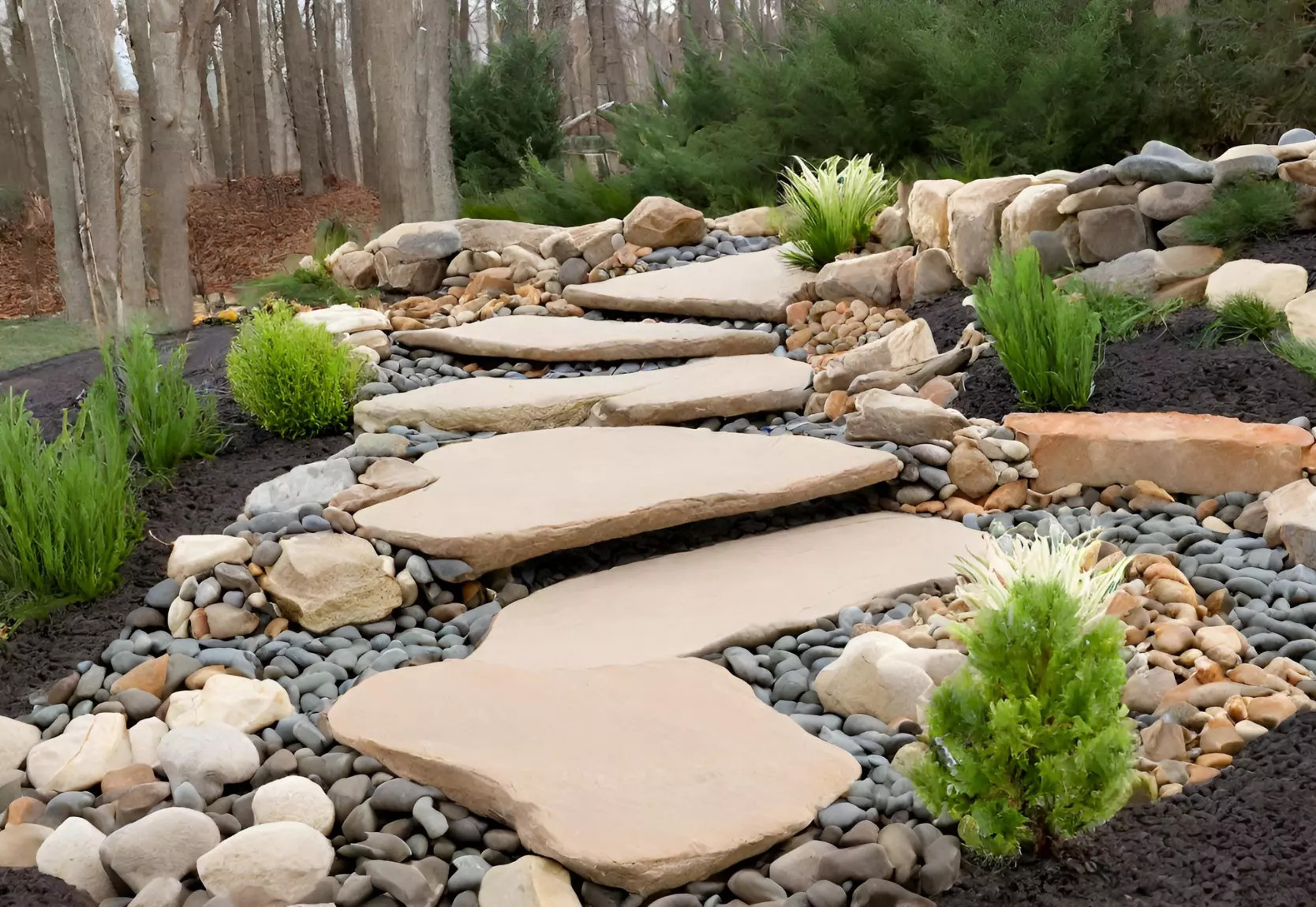 Rock bridge spanning a dry creek bed in a garden, providing a natural crossing and an aesthetic element.