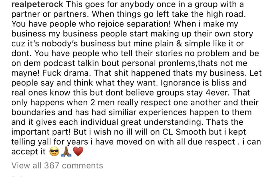 Screenshot of Pete Rock's Instagram post about his separation from CL Smooth