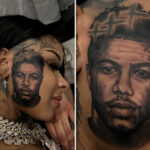 Detailed close-up of Chrisean Rock's face tattoo of Blueface on her cheek