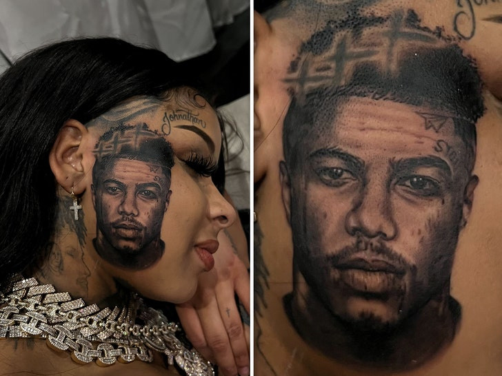 Detailed close-up of Chrisean Rock's face tattoo of Blueface on her cheek