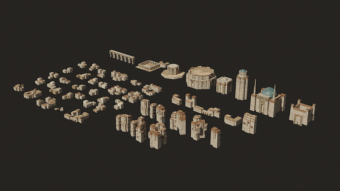 Breakdown of the low poly building kit used to construct the casbah structures