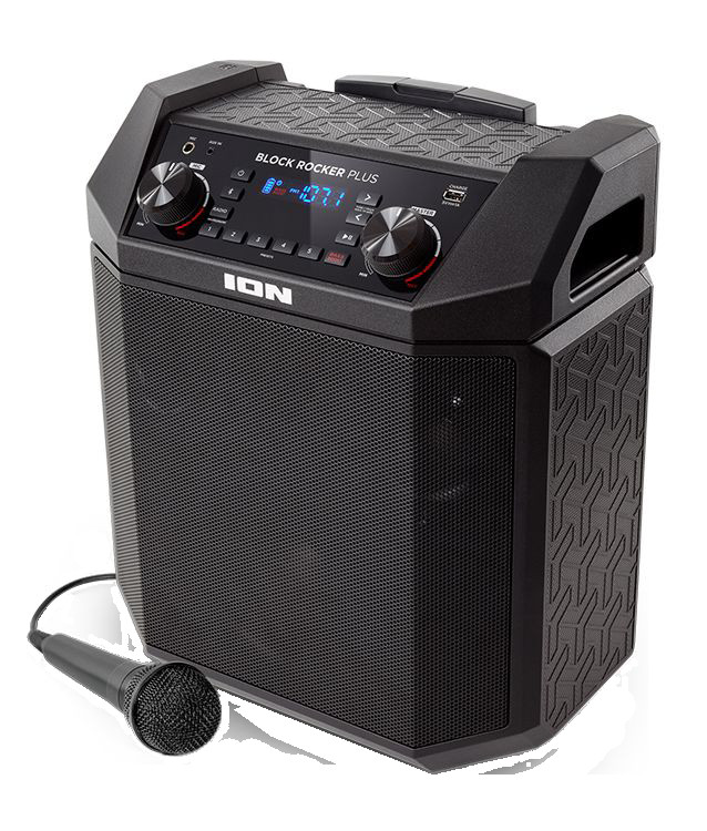 Block Rocker Plus portable speaker system, highlighting its robust design and included microphone, perfect for parties and outdoor events.