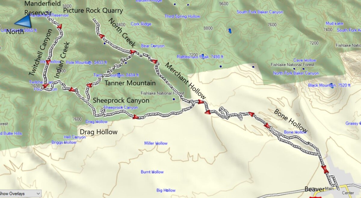 Map of the Picture Rock ATV trail route in Beaver County, Utah, highlighting the diverse terrain and key locations.