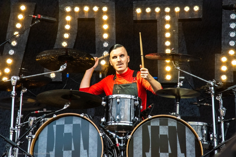 John Alfredsson of Avatar playing drums at Blue Ridge Rock Festival Day 3. The Avatar drummer is energetically performing on his drum kit during the set.