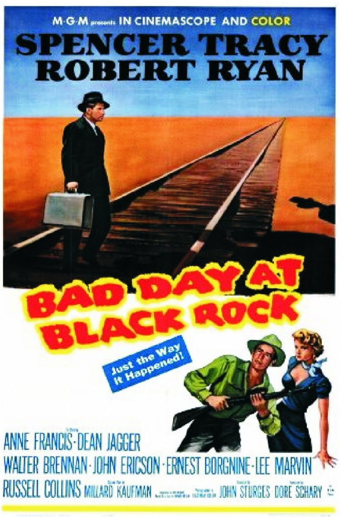 Bad Day at Black Rock movie poster featuring Spencer Tracy, highlighting the film noir thriller.