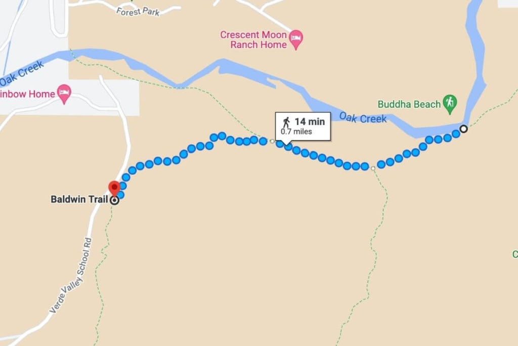 A map illustrating the Baldwin Trail to Templeton Trail route at Red Rock Crossing, Sedona, showcasing the scenic path and trail junctions.