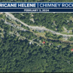 Satellite image comparison of Chimney Rock, NC, showing Main Street and Broad River before and after Hurricane Helene flooding. The post-flood image reveals significant changes to the river's course and surrounding landscape.