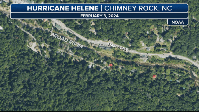 Satellite image comparison of Chimney Rock, NC, showing Main Street and Broad River before and after Hurricane Helene flooding. The post-flood image reveals significant changes to the river's course and surrounding landscape.