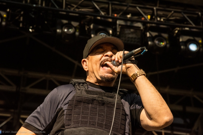 Ice-T of Body Count rapping at Blue Ridge Rock Festival Day 3. Ice-T is performing with Body Count, rapping on stage.