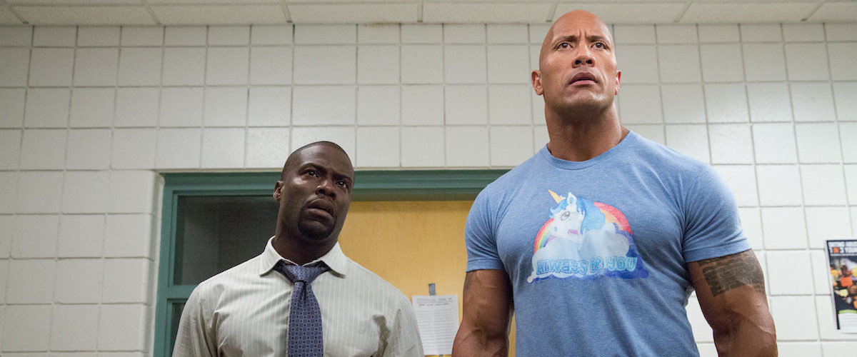 Kevin Hart and The Rock in a comedic scene