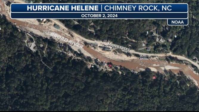 NOAA satellite image slider comparing Chimney Rock's Main Street before and after the Hurricane Helene flooding in October 2024, demonstrating the dramatic changes in the landscape.