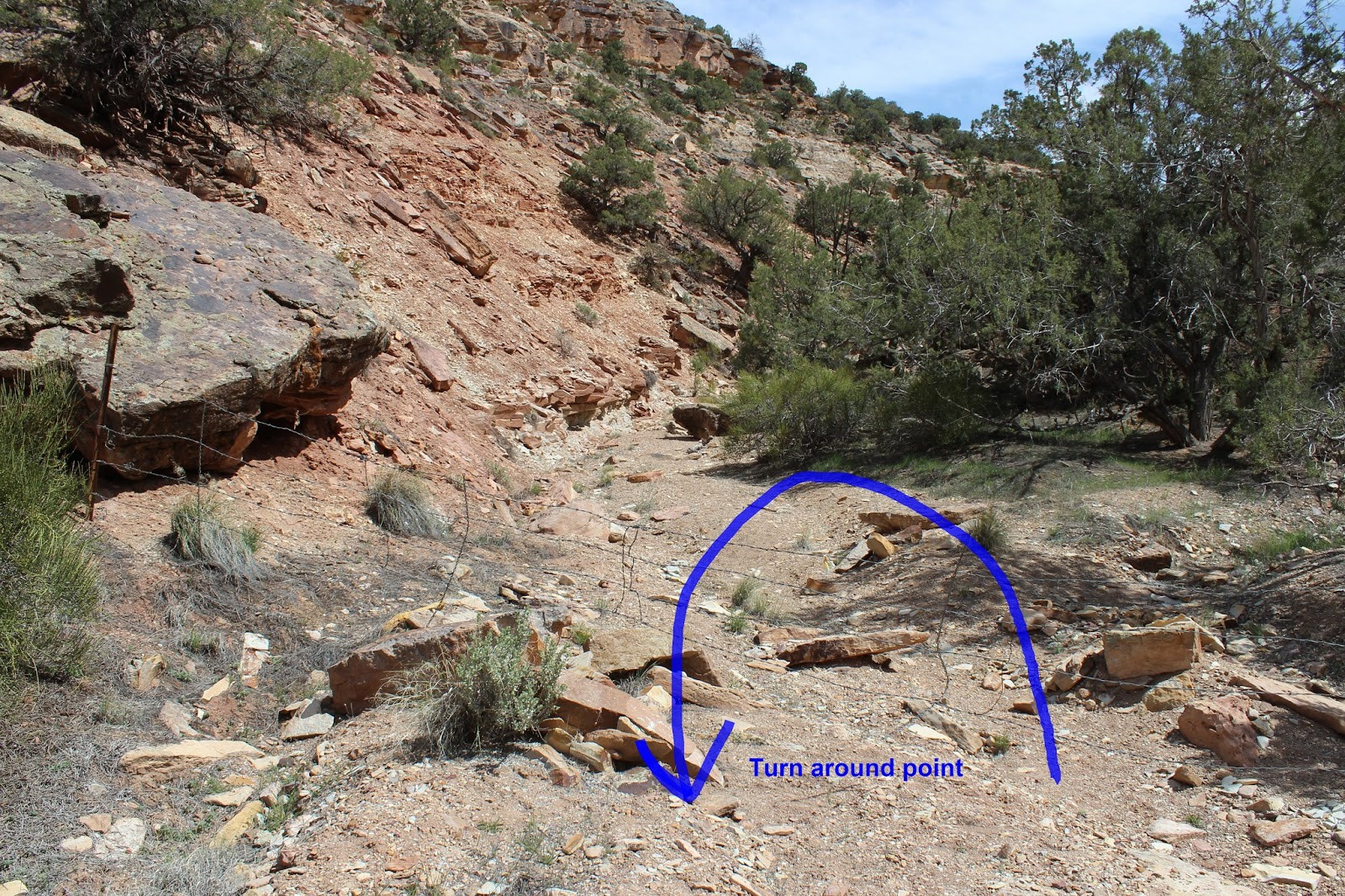 Easy section of the trail after the boulder jam in Cool Rock Canyon, showing the varied terrain.