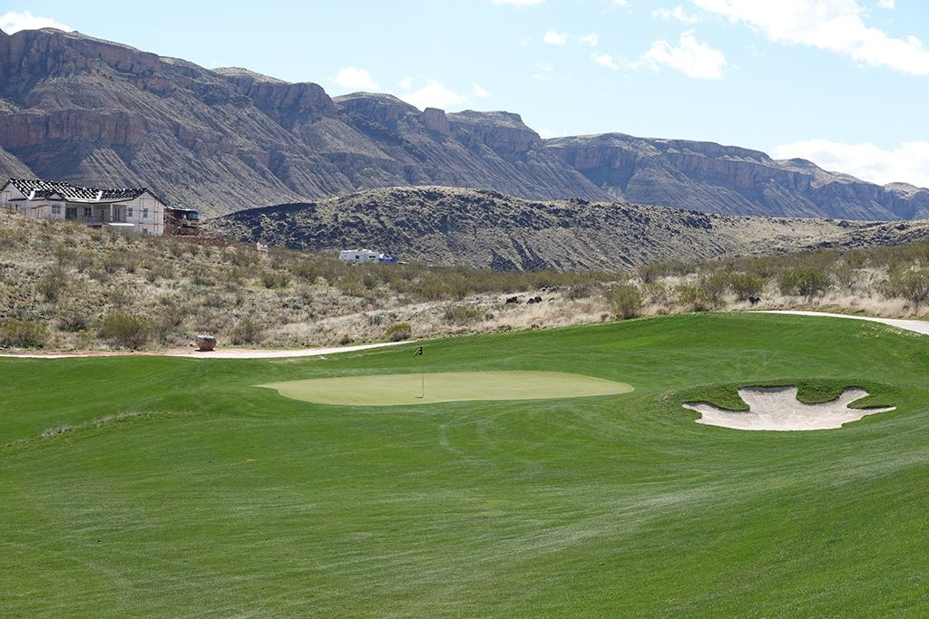 Aerial view of the 3rd (Valley of Sin) Hole at Copper Rock Golf Course, highlighting the green complex and surrounding features